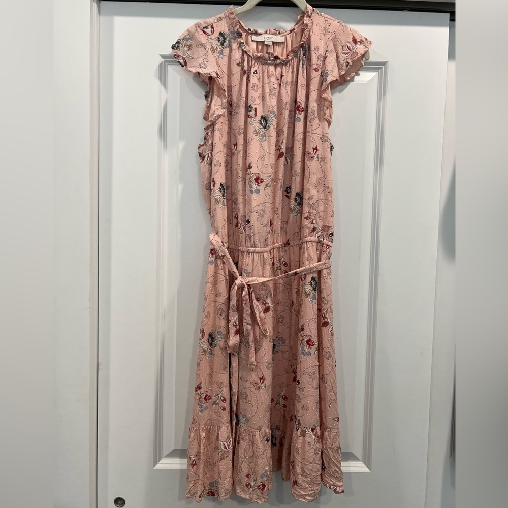 Loft Floral Flutter Sleeve Tie Waist Dress, Size Large
